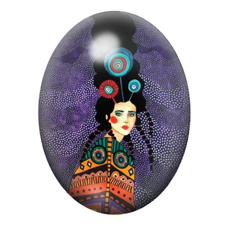 Cabochon en Verre Illustré Femme à la Coiffe Circulaire et Robe Ethnique 13x18, 18x25 ou 30x40mm