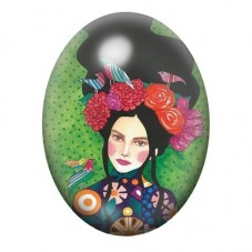 Cabochon en Verre Illustré Femme aux Roses et Oiseaux sur Fond Vert 13x18, 18x25 ou 30x40mm pour la création de bijoux fantaisie