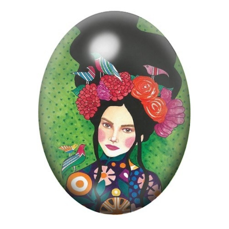 Cabochon en Verre Illustré Femme aux Roses et Oiseaux sur Fond Vert 13x18, 18x25 ou 30x40mm