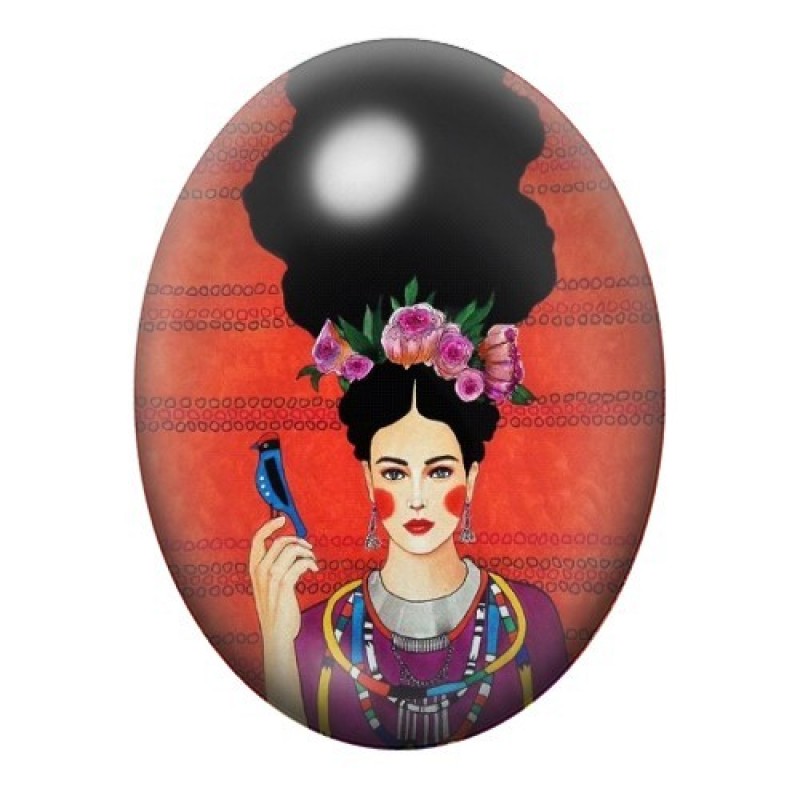 Cabochon en Verre Illustré Femme à la Couronne de Fleurs et au Perroquet Bleu 13x18, 18x25 ou 30x40mm