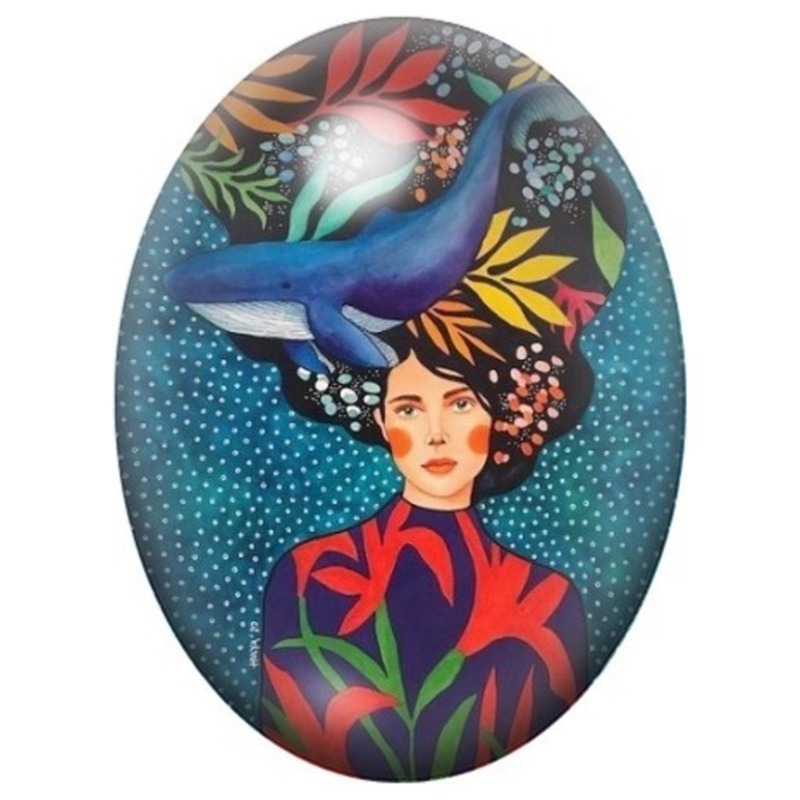 Cabochon en Verre Illustré Femme au Toucan et Feuillage Tropical 13x18, 18x25 ou 30x40mm