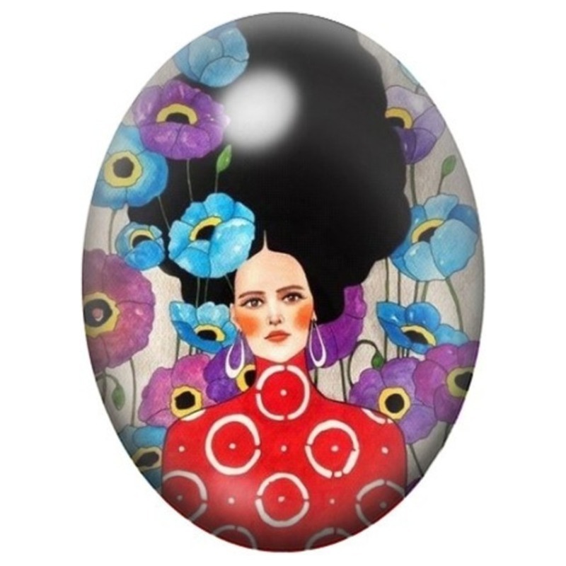Cabochon en Verre Illustré Femme au Kimono Rouge et Fleurs Bleues 13x18, 18x25 ou 30x40mm