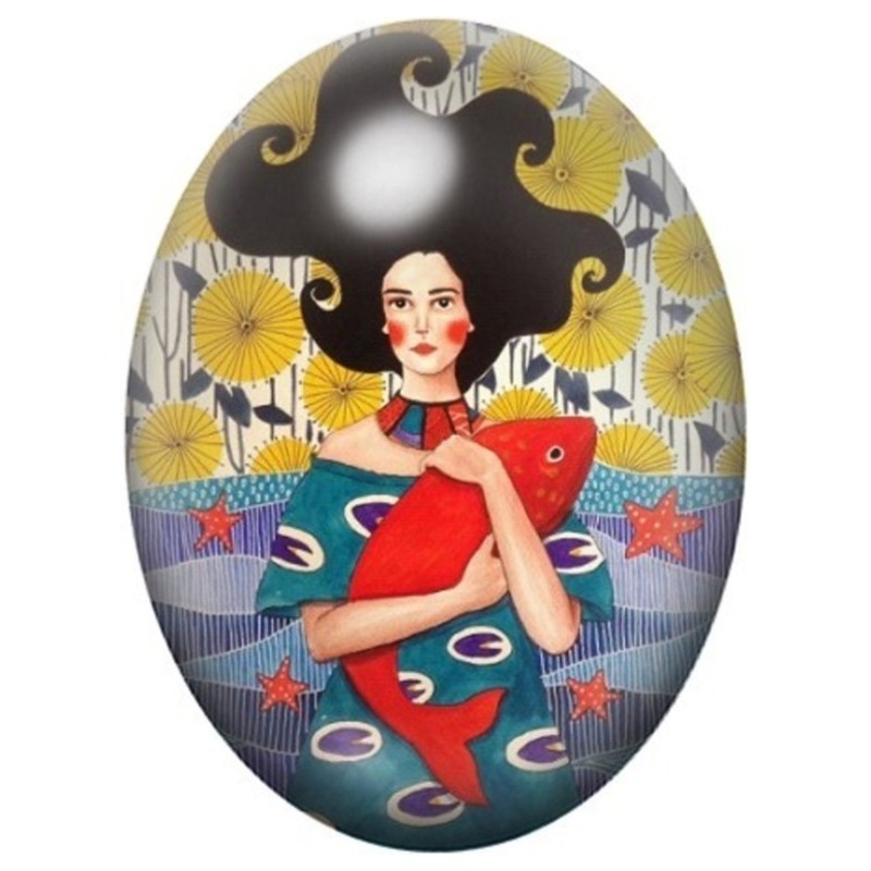 Cabochon en Verre Illustré Femme au Renard Rouge et Soleil Jaune 13x18, 18x25 ou 30x40mm