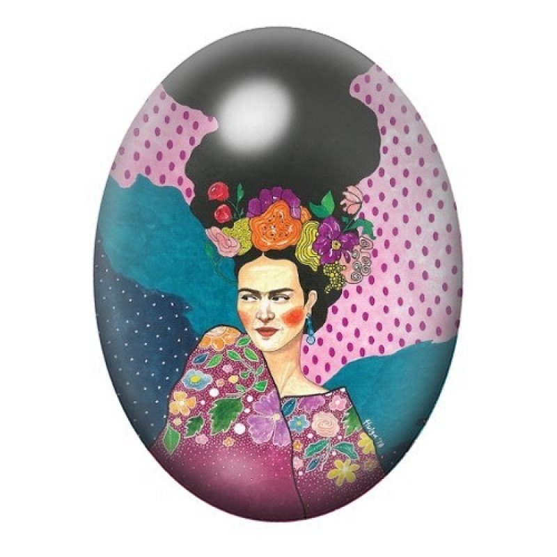 Cabochon en Verre Illustré Frida Kahlo au Bouquet et Châle Violet 13x18, 18x25 ou 30x40mm