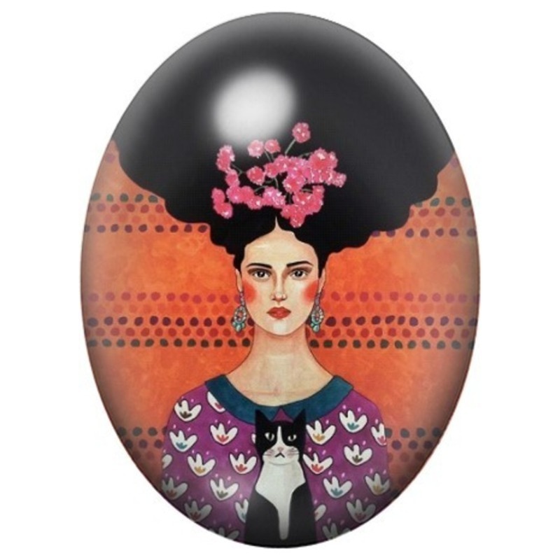 Cabochon en Verre Illustré Femme aux Fleurs Roses et Robe aux Oiseaux 13x18, 18x25 ou 30x40mm