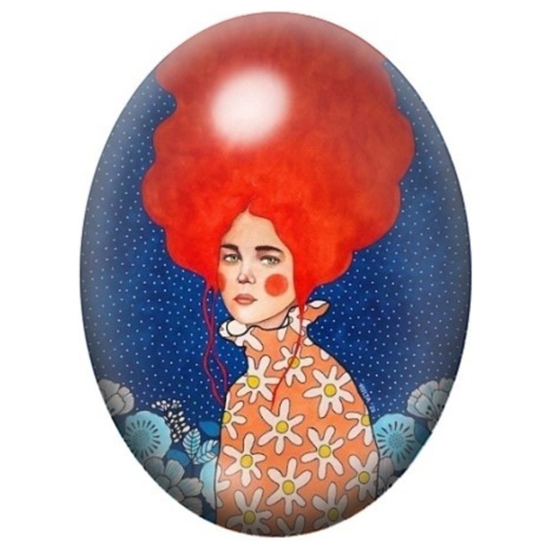 Cabochon en Verre Illustré Femme aux Cheveux Rouges et Robe Fleurie 13x18, 18x25 ou 30x40mm