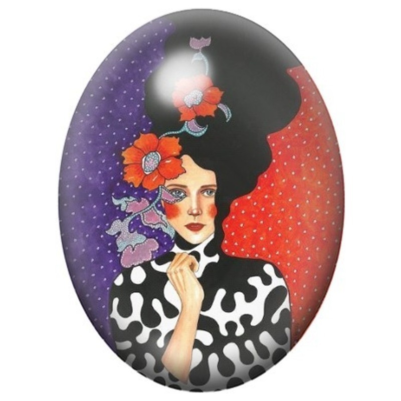 Cabochon en Verre Illustré Femme aux Fleurs Rouges et Robe Noire et Blanche 13x18, 18x25 ou 30x40mm