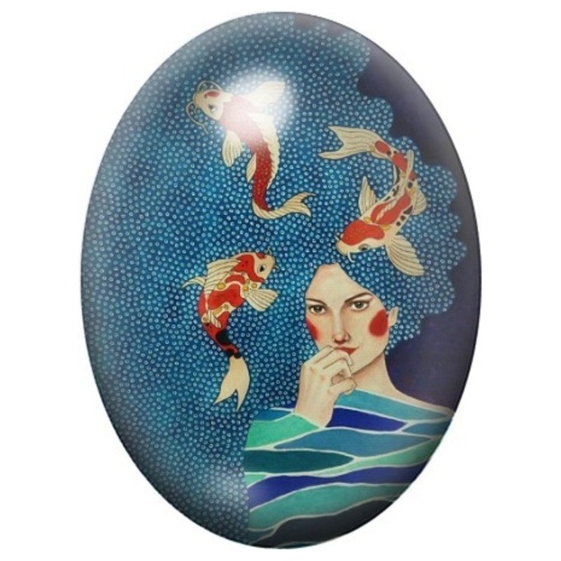 Cabochon en Verre Illustré Femme aux Poissons Koi et Vagues Bleues 13x18, 18x25 ou 30x40mm