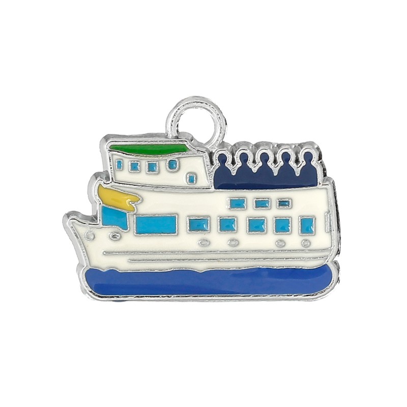 2 Breloques Bateau de Croisière en Émail Métal Argenté 23x17mm