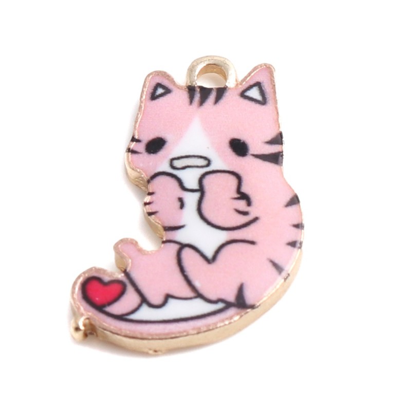2 Breloques Chat en Émail Rose Métal Doré 21x13mm
