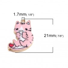 2 Breloques Chat en Émail Rose Métal Doré 21x13mm