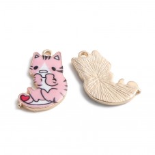 2 Breloques Chat en Émail Rose Métal Doré 21x13mm
