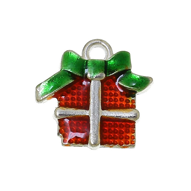 2 Breloques Cadeaux de Noël en Émail Rouge Métal Argenté ou Doré 16mm