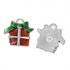 2 Breloques Cadeaux de Noël en Émail Rouge Métal Argenté ou Doré 16mm