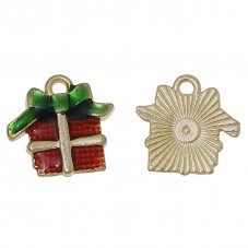 2 Breloques Cadeaux de Noël en Émail Rouge Métal Argenté ou Doré 16mm