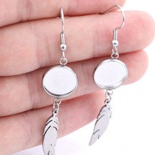 1 Paire de Supports Boucles d'Oreilles Plumes en Acier Inoxydable Argenté pour Cabochon 12mm