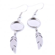 1 Paire de Supports Boucles d'Oreilles Plumes en Acier Inoxydable Argenté pour Cabochon 12mm