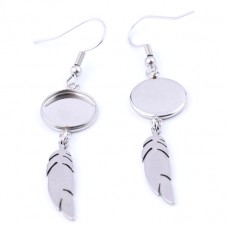 1 Paire de Supports Boucles d'Oreilles Plumes en Acier Inoxydable Argenté pour Cabochon 12mm