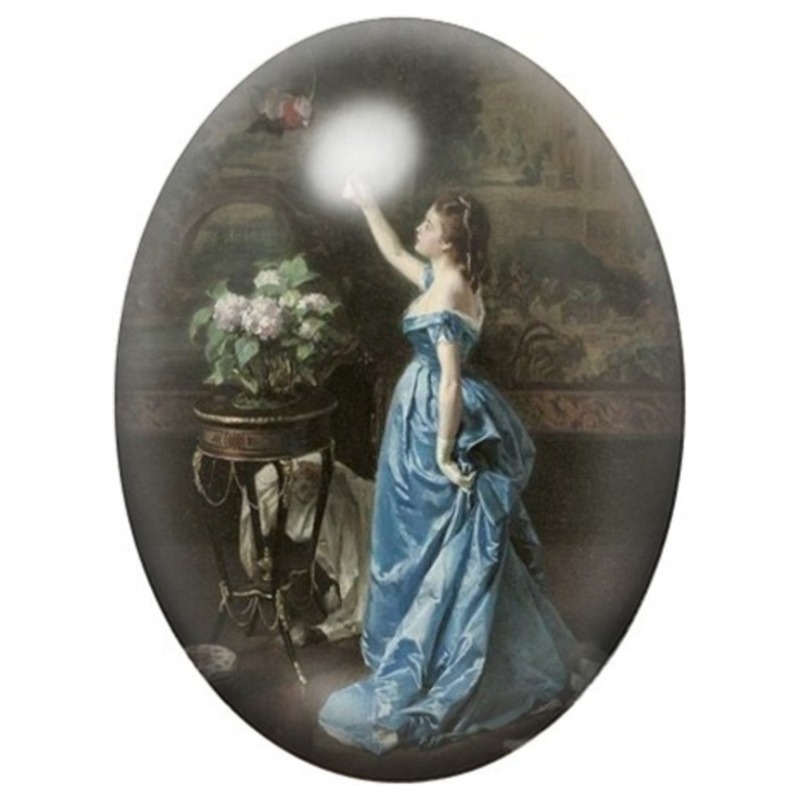 Cabochon en Verre Illustré Noble en Robe Bleue près des Fleurs 13x18, 18x25 ou 30x40mm