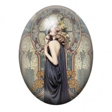 Cabochon en Verre Illustré Femme Art Nouveau en Robe Noire 13x18, 18x25 ou 30x40mm pour la création de bijoux fantaisie - DIY