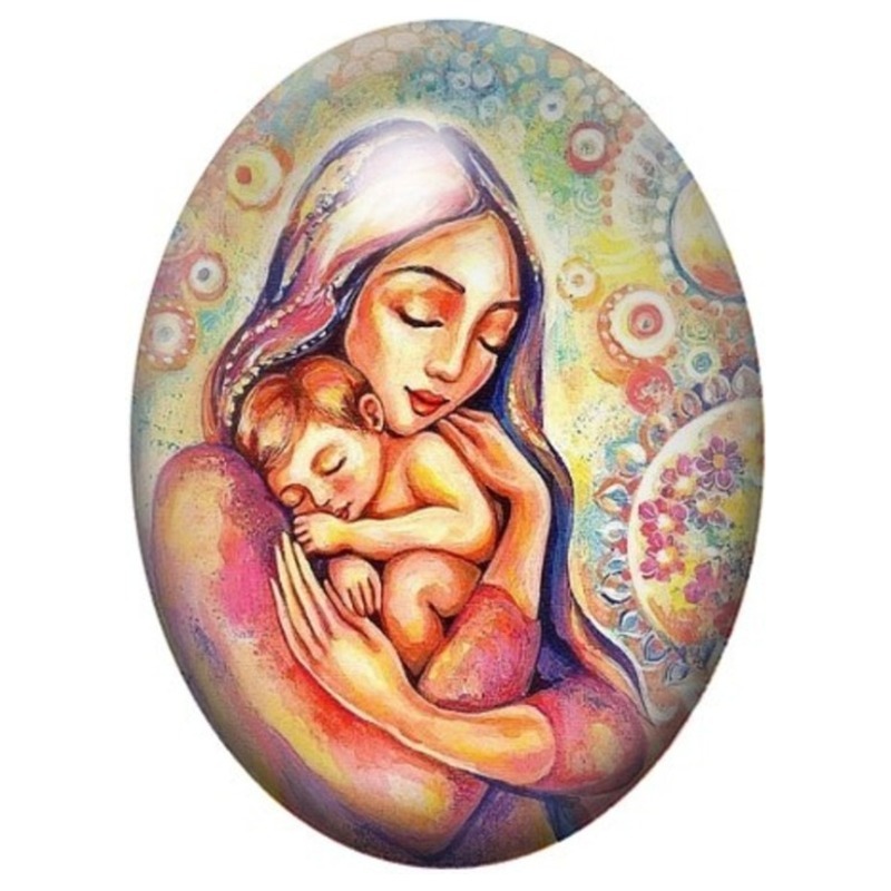 Cabochon en Verre Illustré Mère Enlaçant son Bébé 13x18, 18x25 ou 30x40mm