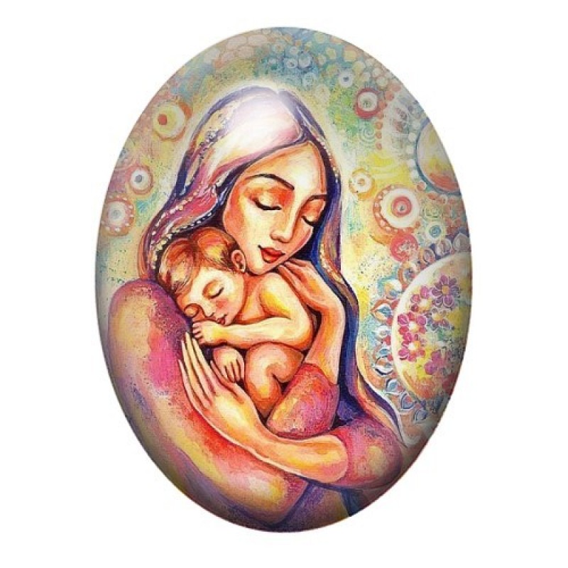 Cabochon en Verre Illustré Peinture Mère et Enfant 13x18, 18x25 ou 30x40mm