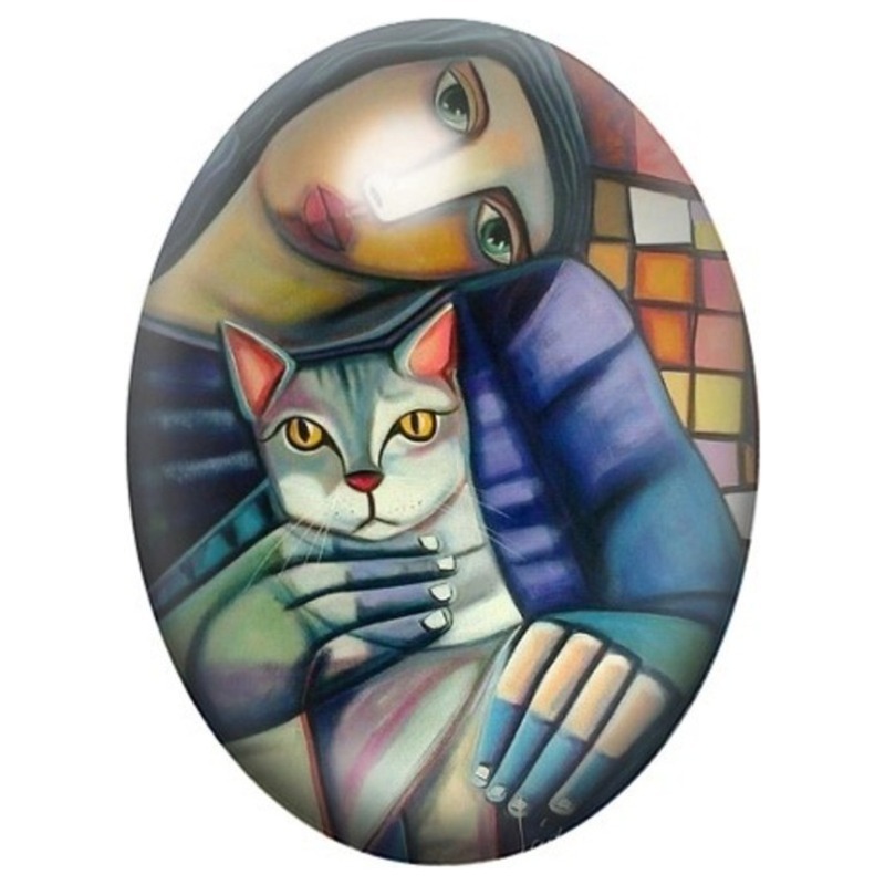 Cabochon en Verre Illustré Femme et Chat Géométriques 13x18, 18x25 ou 30x40mm