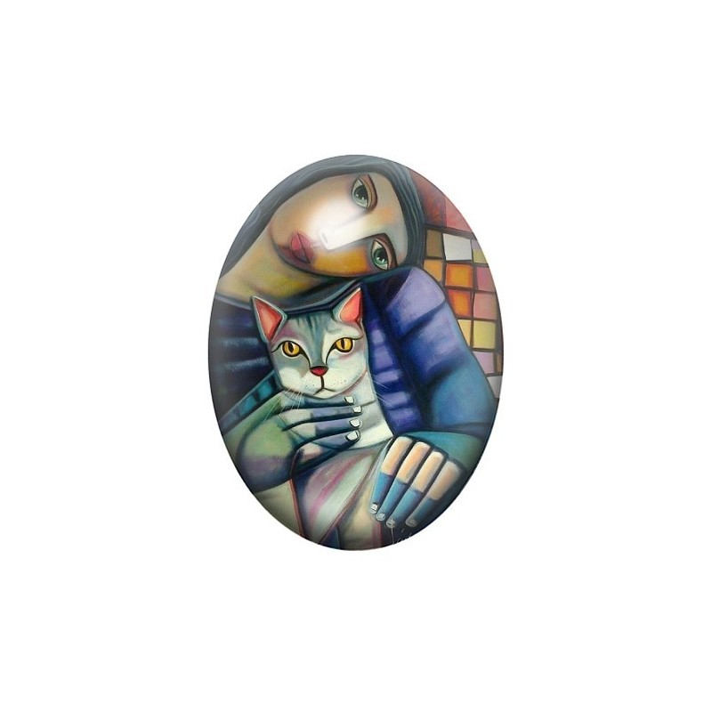 Cabochon en Verre Illustré Peinture Femme et son Chat 13x18, 18x25 ou 30x40mm