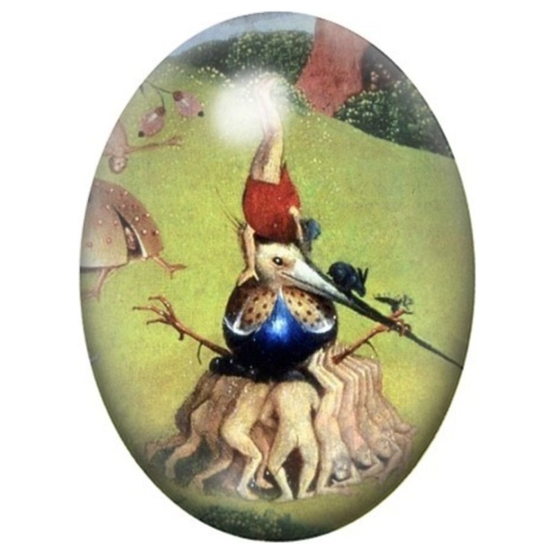 Cabochon en Verre Illustré Homme-Oiseau sur un Tronc de Bosch 13x18, 18x25 ou 30x40mm