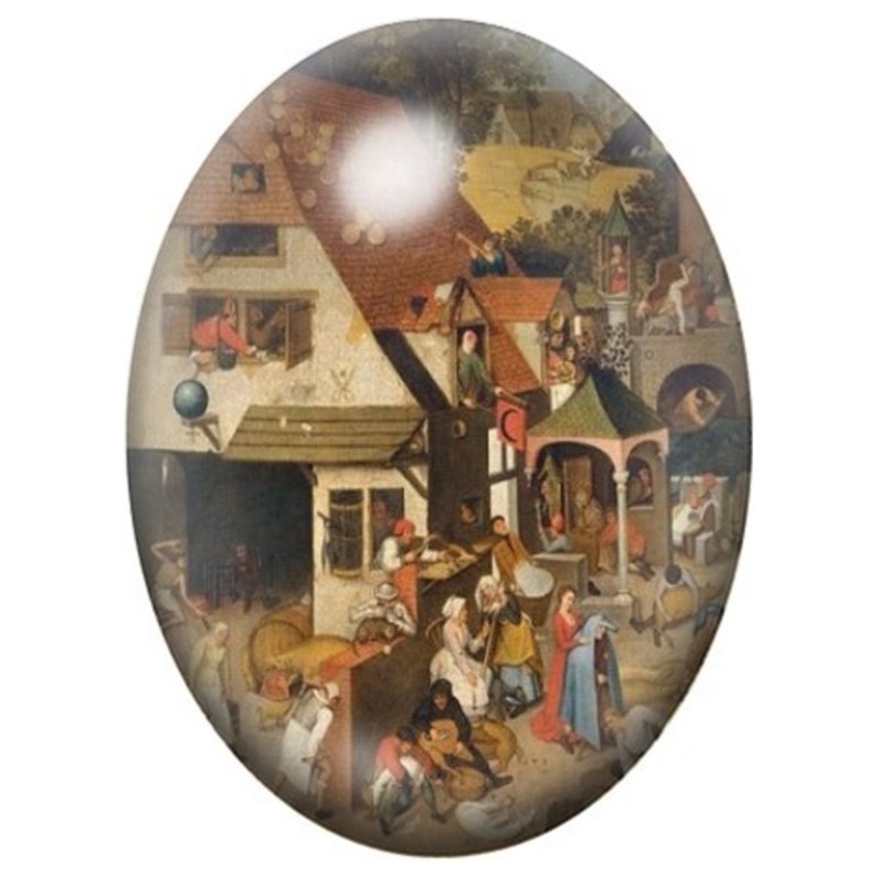Cabochon en Verre Illustré Scène de Village Animée de Brueghel 13x18, 18x25 ou 30x40mm