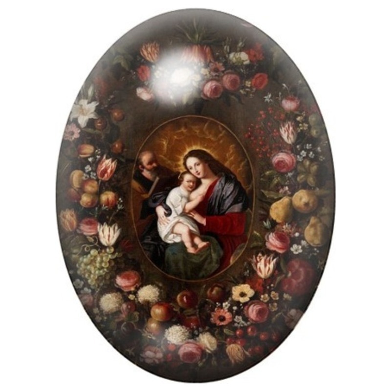 Cabochon en Verre Illustré Vierge à l’Enfant dans une Couronne de Fleurs 13x18, 18x25 ou 30x40mm