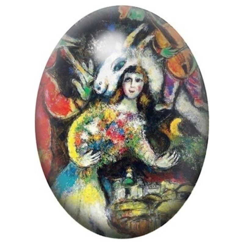 Cabochon en Verre Illustré Mariée au Bouquet et Visage de Chagall 13x18, 18x25 ou 30x40mm