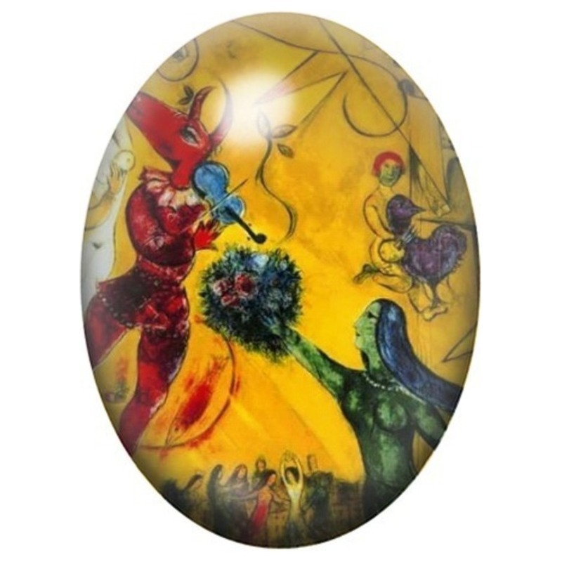 Cabochon en Verre Illustré Violoniste et Bouquet sur Fond Jaune de Chagall 13x18, 18x25 ou 30x40mm