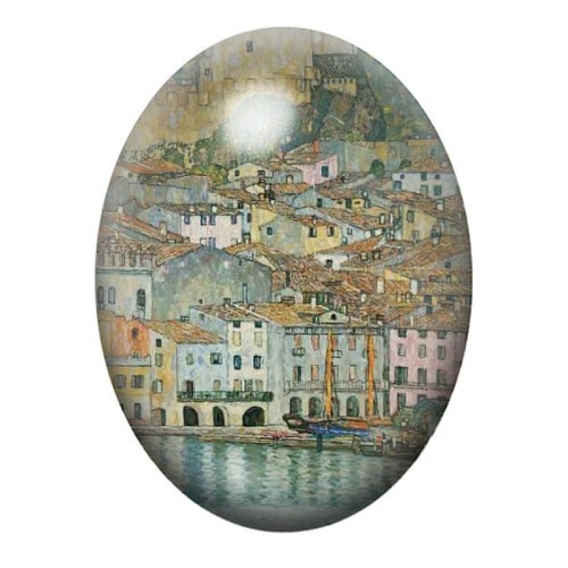 Cabochon en Verre Illustré Peinture "Malcesine sur le lac de Garde" Klimt 13x18, 18x25 ou 30x40mm