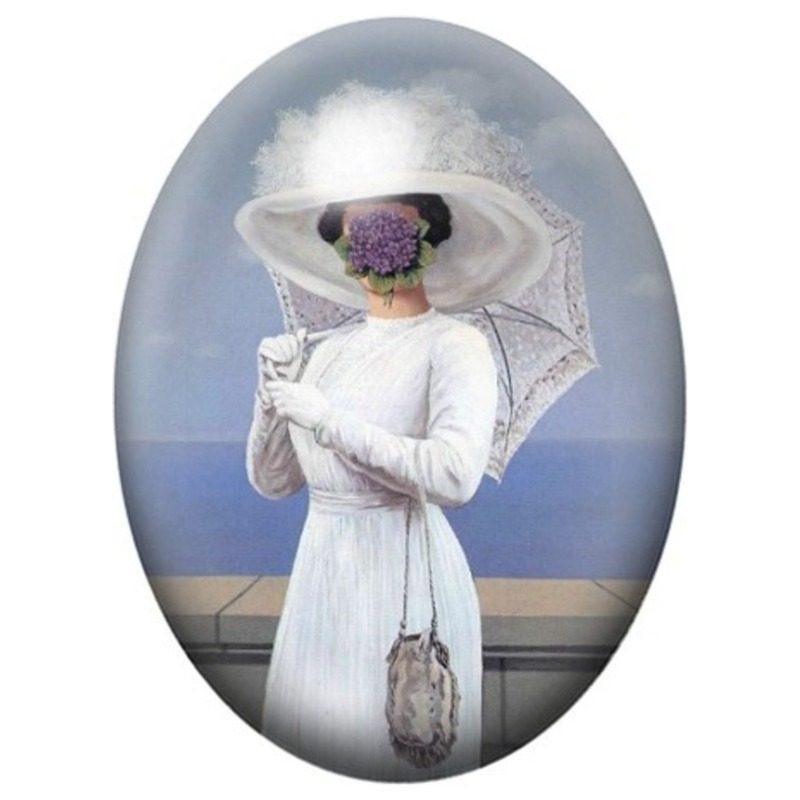 Cabochon en Verre Illustré Femme au Visage de Violettes de Magritte 13x18, 18x25 ou 30x40mm