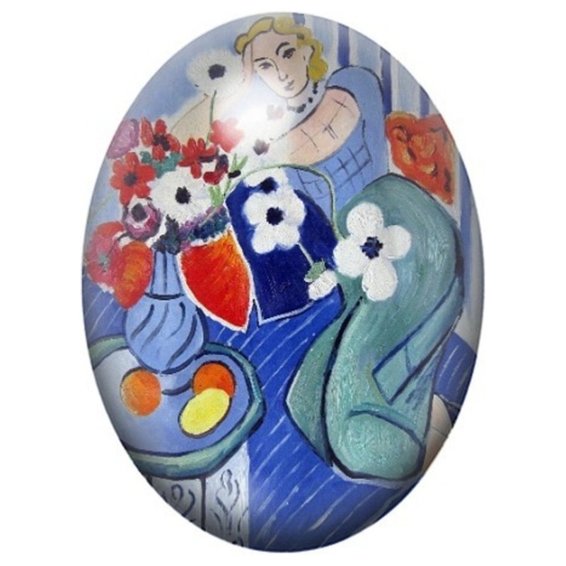 Cabochon en Verre Illustré Femme au Bouquet et aux Fruits de Matisse 13x18, 18x25 ou 30x40mm