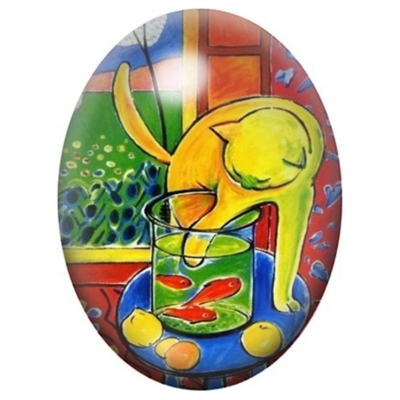 Cabochon en Verre Illustré Chat Rouge au Bocal de Poissons de Matisse 13x18, 18x25 ou 30x40mm