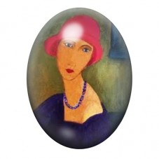 Cabochon en Verre Illustré Femme au Chapeau Rose et Collier Bleu 13x18, 18x25 ou 30x40mm pour la création de bijoux fantaisie - 