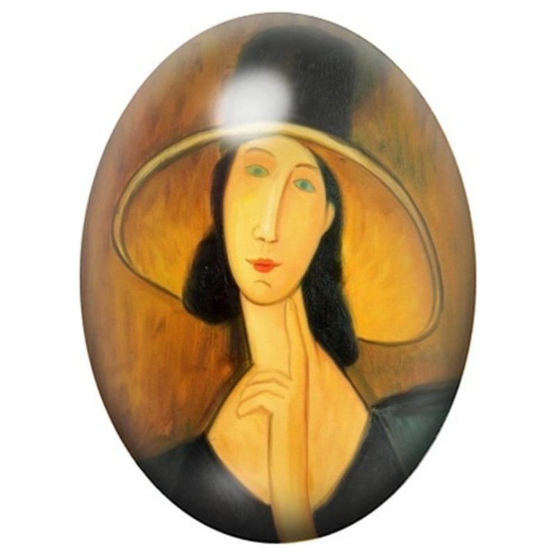Cabochon en Verre Illustré Femme au Grand Chapeau Ocre 13x18, 18x25 ou 30x40mm