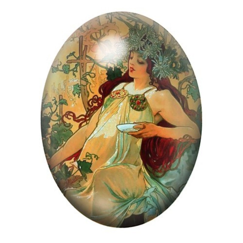 Cabochon en Verre Illustré Femme aux Chrysanthèmes et à la Coupe 13x18, 18x25 ou 30x40mm