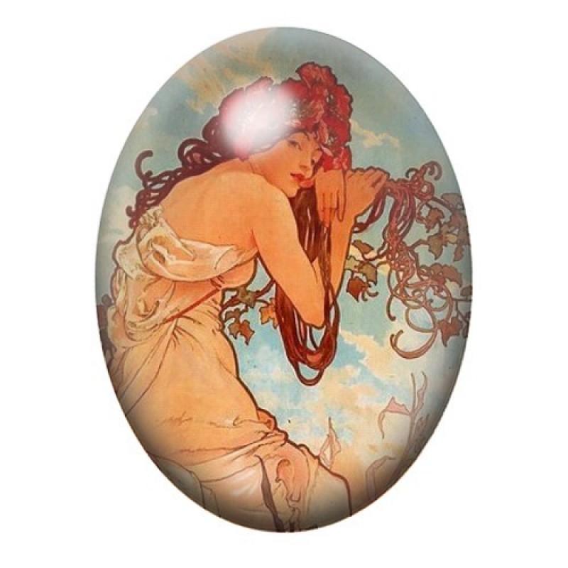 Cabochon en Verre Illustré Femme aux Fleurs Rouges de Mucha 13x18, 18x25 ou 30x40mm