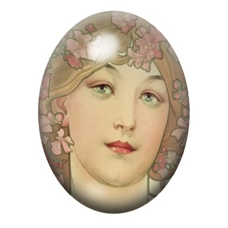 Cabochon en Verre Illustré Visage aux Fleurs Roses de Mucha 13x18, 18x25 ou 30x40mm