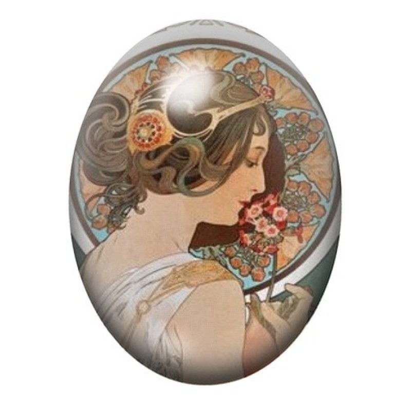 Cabochon en Verre Illustré Femme au Bouquet de Fleurs de Mucha 13x18, 18x25 ou 30x40mm