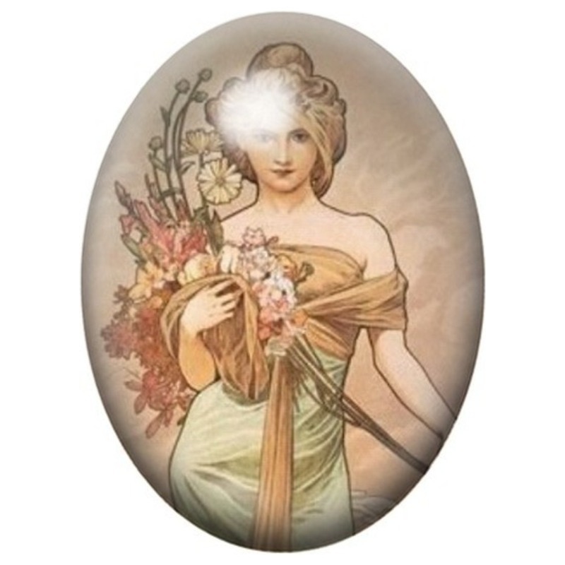 Cabochon en Verre Illustré Femme au Bouquet Champêtre de Mucha 13x18, 18x25 ou 30x40mm