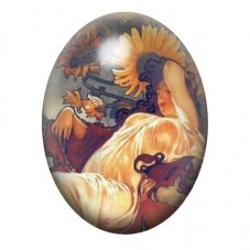 Cabochon en Verre Illustré Femme aux Tournesols de Mucha 13x18, 18x25 ou 30x40mm pour la création de bijoux fantaisie - DIY