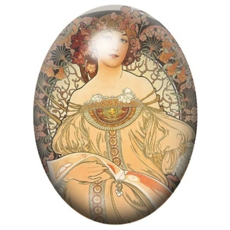 Cabochon en Verre Illustré Femme Rousse au Livre dans un Jardin Floral 13x18, 18x25 ou 30x40mm