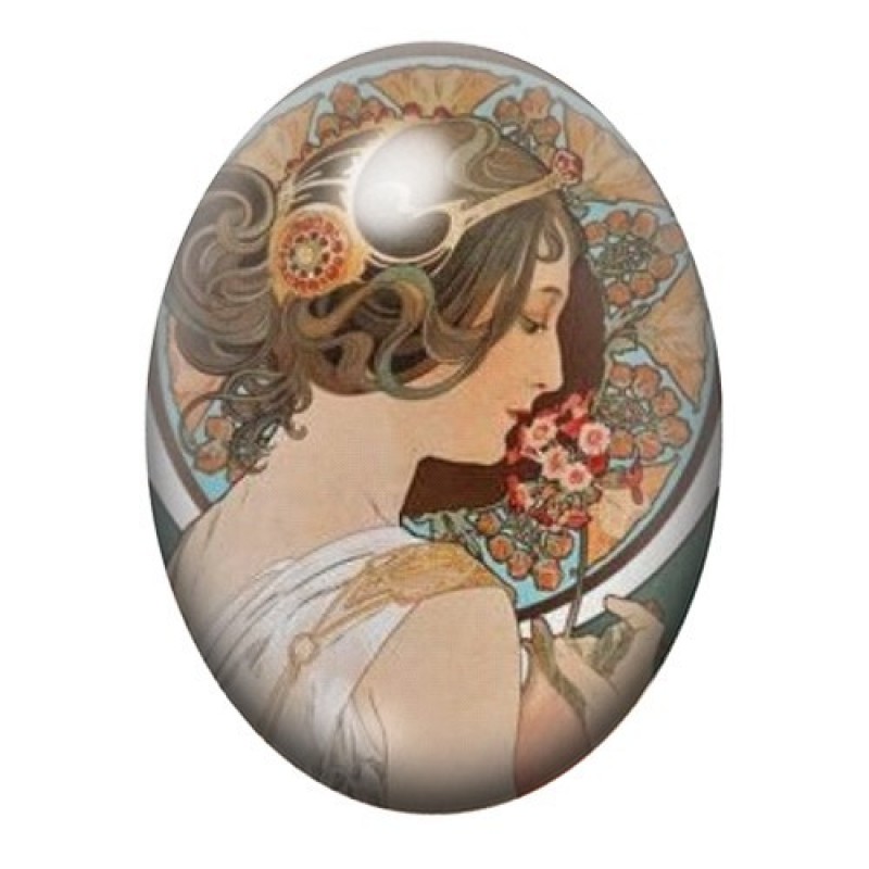 Cabochon en Verre Illustré Femme au Bouquet de Fleurs en Médaillon 13x18, 18x25 ou 30x40mm