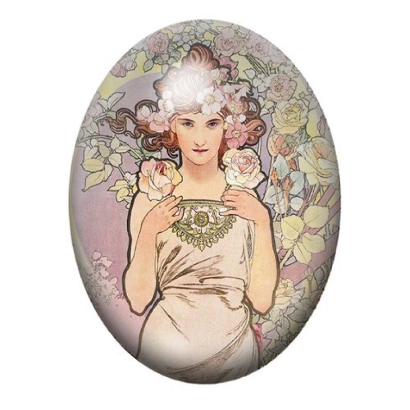 Cabochon en Verre Illustré Femme aux Roses Poudrées de Mucha 13x18, 18x25 ou 30x40mm