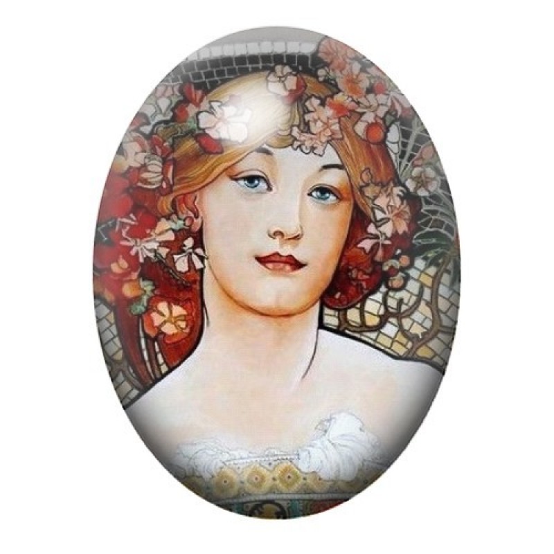 Cabochon en Verre Illustré Femme Rousse à la Couronne de Fleurs 13x18, 18x25 ou 30x40mm