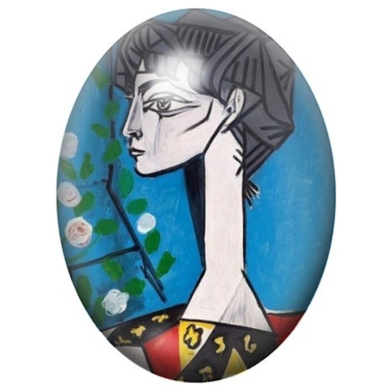 Cabochon en Verre Illustré Jacqueline aux Fleurs Blanches de Picasso 13x18, 18x25 ou 30x40mm